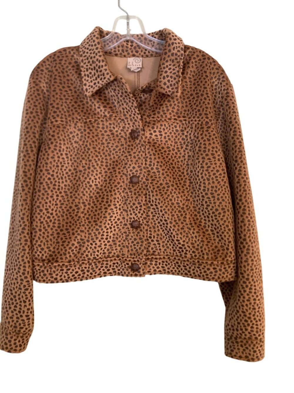 F.L. Malik Womens Leopard Print Button-Up Jacket Size L Faux Suede Brown Black